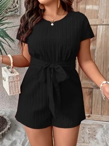 SHEIN LUNE Jumpsuits Plus Size Thắt lưng Gân đan Thắt nơ trước màu trơn Giải trí - màu đen - Xem 5