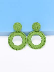 1對手工編織圓形藤質掛墜耳環，適合女性在派對、旅遊和海灘度假時佩戴 - 綠色 - 查看 1
