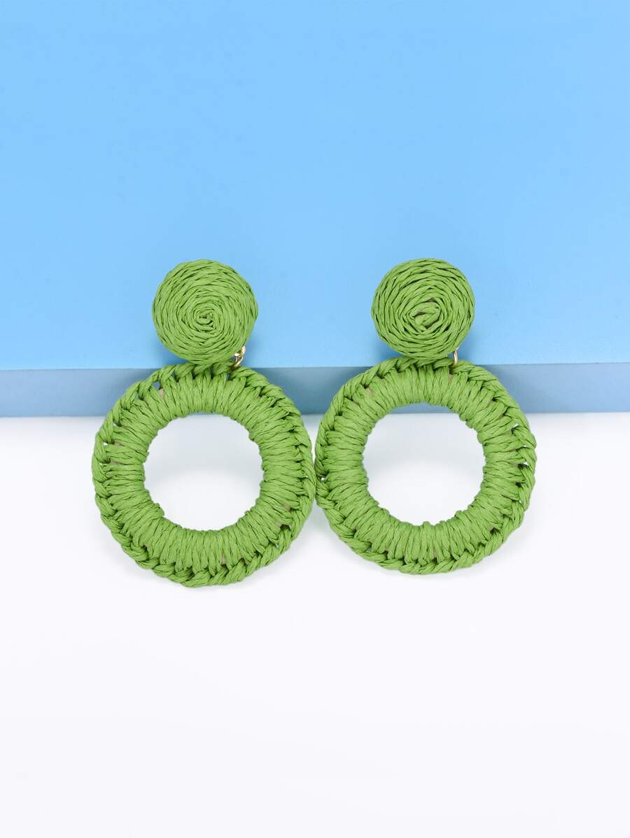 1對手工編織圓形藤質掛墜耳環，適合女性在派對、旅遊和海灘度假時佩戴 - 綠色 - 查看 1