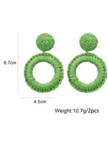 1對手工編織圓形藤質掛墜耳環，適合女性在派對、旅遊和海灘度假時佩戴 - 綠色 - 查看 3