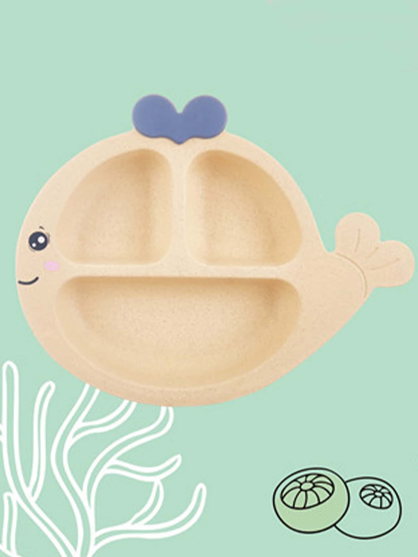 1入組帶勺子塑料盤子卡通鯨魚設計兒童餐盤 - 米色 - 查看 1