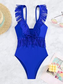 Fringe Trim Tie Front One Piece Swimsuit - Royal Blue - View 6