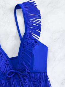 Fringe Trim Tie Front One Piece Swimsuit - Royal Blue - View 4