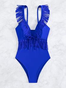 Fringe Trim Tie Front One Piece Swimsuit - Royal Blue - View 5