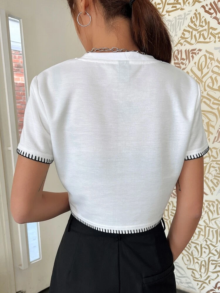 Contrast Trim Pocket Patched Tee,Crop Tops Women