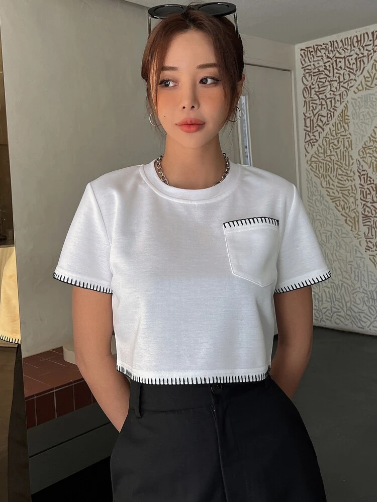 Contrast Trim Pocket Patched Tee,Crop Tops Women