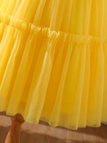 SHEIN Chicas Vestido ribete fruncido bajo con fruncido de malla - Amarillo - Ver 4