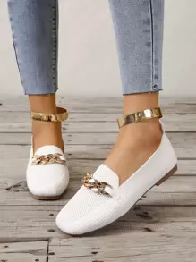 女士舒服鏈條裝飾方頭時尚白色織物樂福鞋 - 白色 - 查看 1