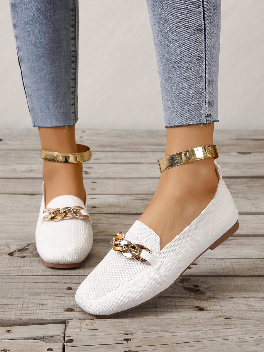 女士舒服鏈條裝飾方頭時尚白色織物樂福鞋 - 白色 - 查看 1