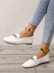 女士舒服鏈條裝飾方頭時尚白色織物樂福鞋 - 白色 - 查看 3