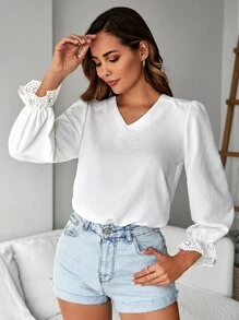 EURMUSE Solid Flounce Sleeve V Neck Blouse - White - View 1