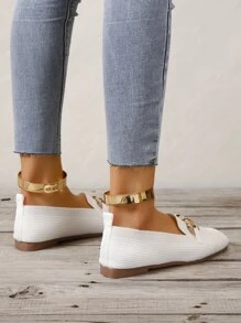 女士舒服鏈條裝飾方頭時尚白色織物樂福鞋 - 白色 - 查看 4