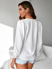 EURMUSE Solid Flounce Sleeve V Neck Blouse - White - View 2