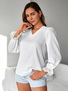 EURMUSE Solid Flounce Sleeve V Neck Blouse - White - View 3