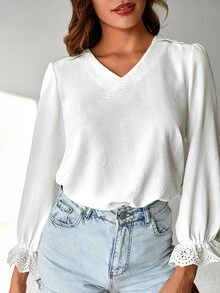 EURMUSE Solid Flounce Sleeve V Neck Blouse - White - View 5