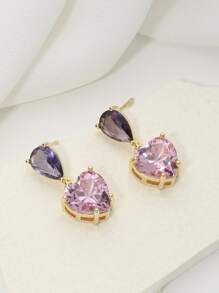 方晶鋯石愛心裝飾耳墜 - 彩色 - 查看 1