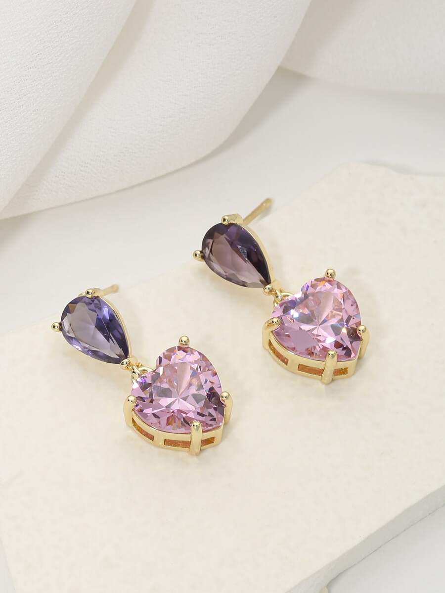 方晶鋯石愛心裝飾耳墜 - 彩色 - 查看 1
