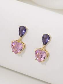 方晶鋯石愛心裝飾耳墜 - 彩色 - 查看 2