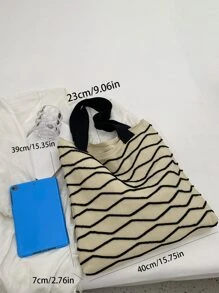 大鉤針編織袋撞色條紋雙把手適用於度假 - 黑與白 - 查看 3