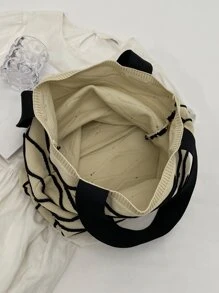 大鉤針編織袋撞色條紋雙把手適用於度假 - 黑與白 - 查看 5