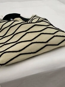 大鉤針編織袋撞色條紋雙把手適用於度假 - 黑與白 - 查看 6