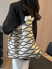 大鉤針編織袋撞色條紋雙把手適用於度假 - 黑與白 - 查看 7