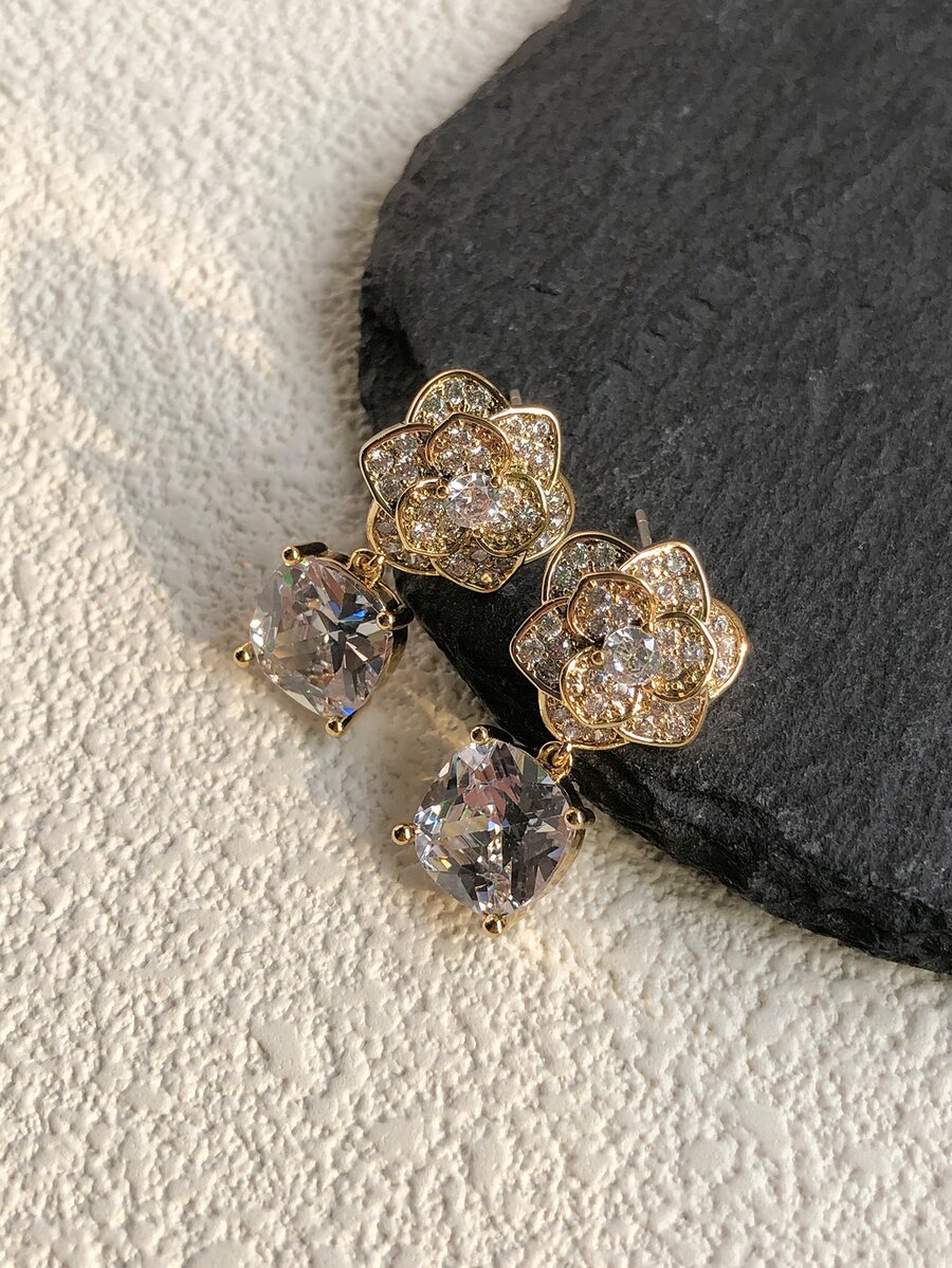 方晶鋯石裝飾花耳墜 - 彩色 - 查看 1