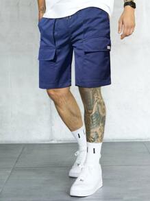 Manfinity Men Flap Pocket Drawstring Waist Cargo Shorts - Navy Blue - View 3