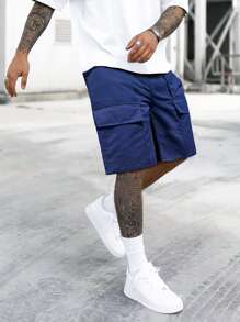 Manfinity Men Flap Pocket Drawstring Waist Cargo Shorts - Navy Blue - View 7