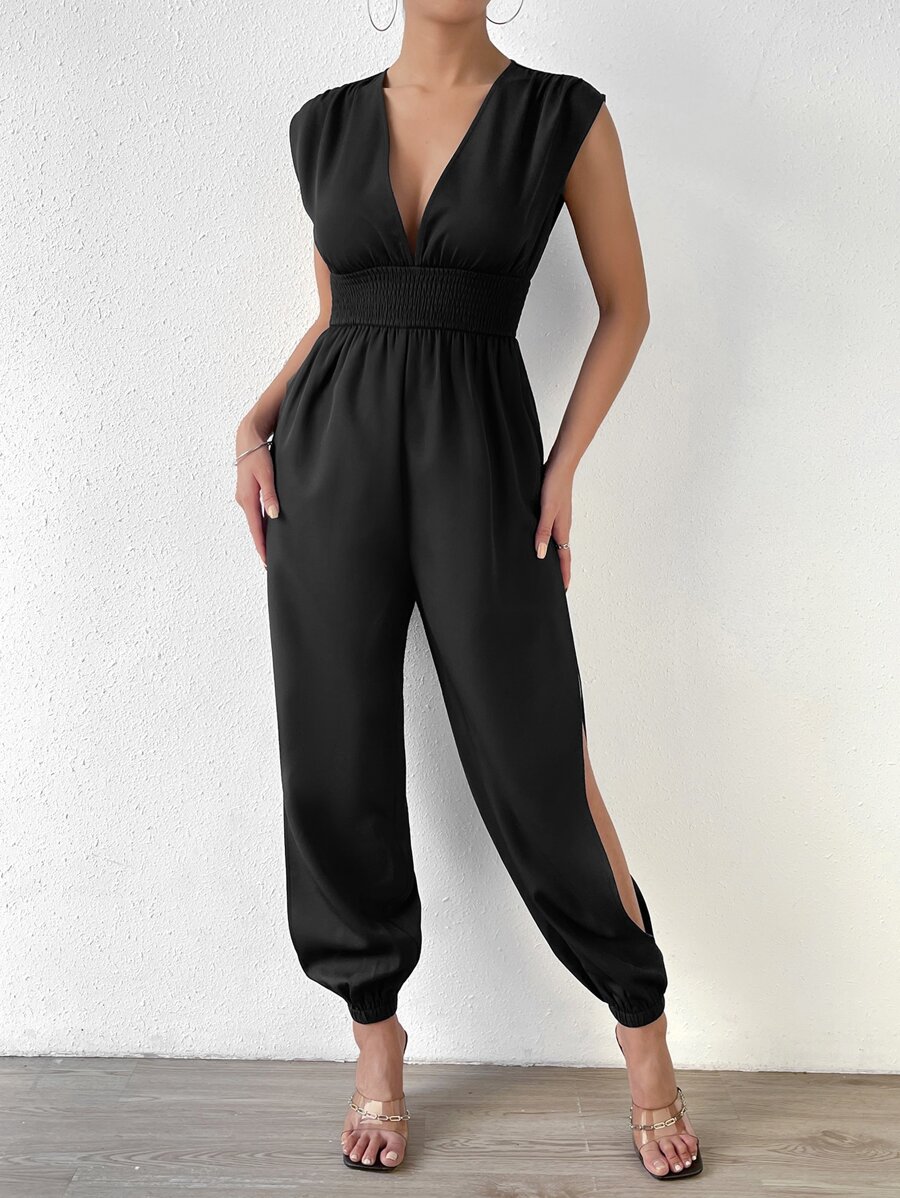 SHEIN Privé Plunge Neck Split Thigh Jumpsuit - Black - View 1