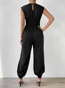 SHEIN Privé Plunge Neck Split Thigh Jumpsuit - Black - View 2