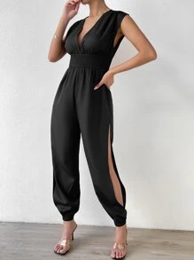 SHEIN Privé Plunge Neck Split Thigh Jumpsuit - Black - View 3
