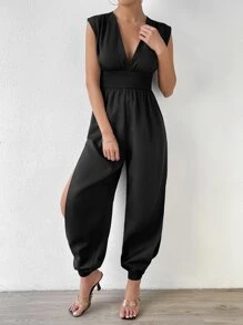 SHEIN Privé Plunge Neck Split Thigh Jumpsuit - Black - View 5