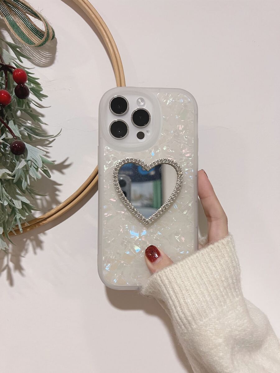 Shell Pattern Phone Case With Rhinestone Decor Heart Shaped Mirror - Multicolor - View 1