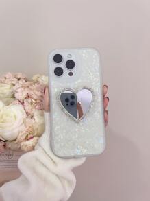 Shell Pattern Phone Case With Rhinestone Decor Heart Shaped Mirror - Multicolor - View 2
