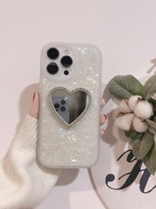 Shell Pattern Phone Case With Rhinestone Decor Heart Shaped Mirror - Multicolor - View 4