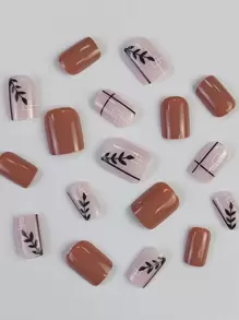 24入組短方形裸色線葉花紋假指甲配1支指甲剪和1張指甲貼紙，即插即用指甲美容工具 - 彩色 - 查看 3