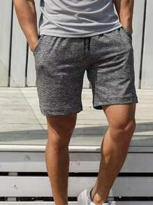 Hombres Shorts tejido jaspeado de cintura con cordón - Gris Oscuro - Ver 3