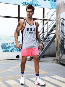 Men Letter Graphic Contrast Binding Sports Tank Top - Grey - View 4