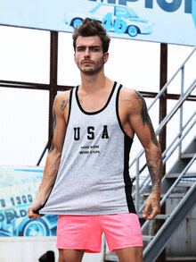 Men Letter Graphic Contrast Binding Sports Tank Top - Grey - View 5
