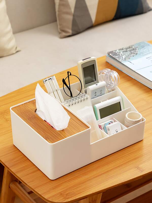 1pc PP Tissue Storage Box, Modernist Imitation Wood Grain Multifunction