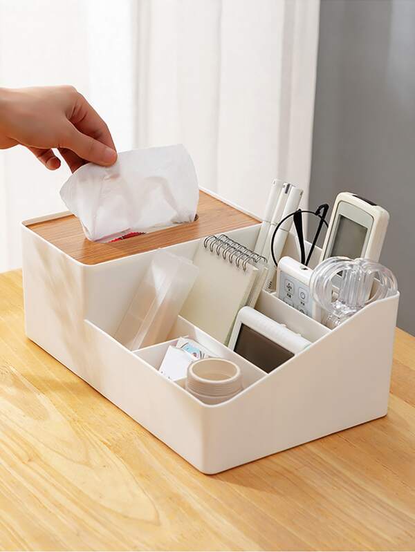 1pc PP Tissue Storage Box, Modernist Imitation Wood Grain Multifunction