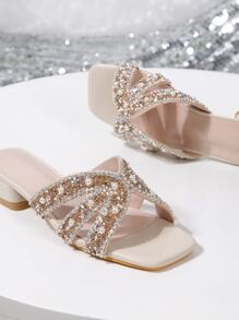 女士时尚迷人闪亮珍珠链水钻粗跟方头米色舒适一脚蹬凉鞋 - 杏色 - 查看 2