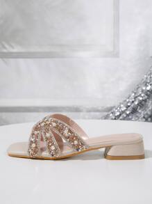 女士时尚迷人闪亮珍珠链水钻粗跟方头米色舒适一脚蹬凉鞋 - 杏色 - 查看 6