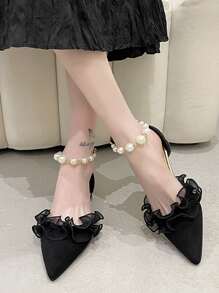 Giày cao gót Nữ Ngọc trai Xù màu trơn Dây đeo mắt cá chân Đúng mốt - màu đen - Xem 2