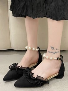 Giày cao gót Nữ Ngọc trai Xù màu trơn Dây đeo mắt cá chân Đúng mốt - màu đen - Xem 3