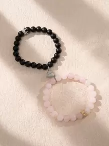 2pcs Couple's Glow-In-The-Dark Crown & Heart Beaded Bracelet, Suitable As Valentine's Day Gift - Multicolor - View 2