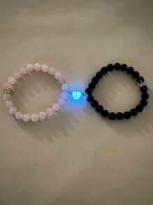 2pcs Couple's Glow-In-The-Dark Crown & Heart Beaded Bracelet, Suitable As Valentine's Day Gift - Multicolor - View 3