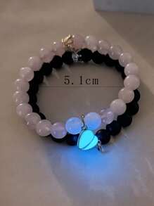 2pcs Couple's Glow-In-The-Dark Crown & Heart Beaded Bracelet, Suitable As Valentine's Day Gift - Multicolor - View 5