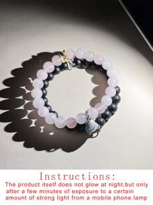 2pcs Couple's Glow-In-The-Dark Crown & Heart Beaded Bracelet, Suitable As Valentine's Day Gift - Multicolor - View 6